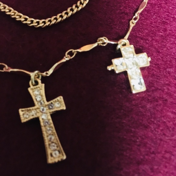 Express gold-tone necklace multi layered with bling crosses - Picture 5 of 9